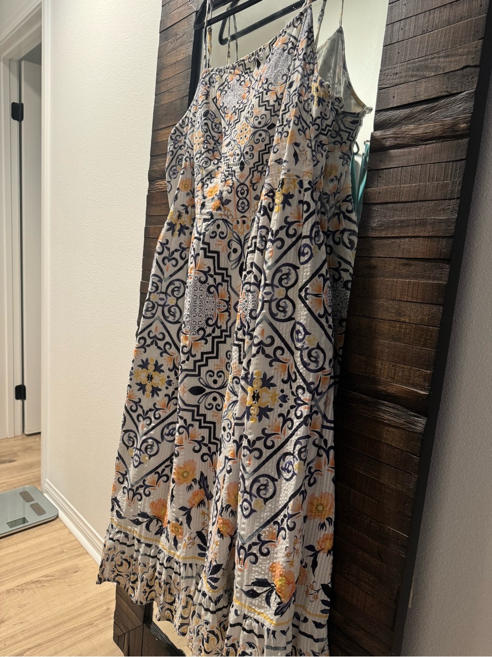Anthropologie Ivory Maxi Dress with Navy Tile & Yellow Floral Print - Picture 5 of 7